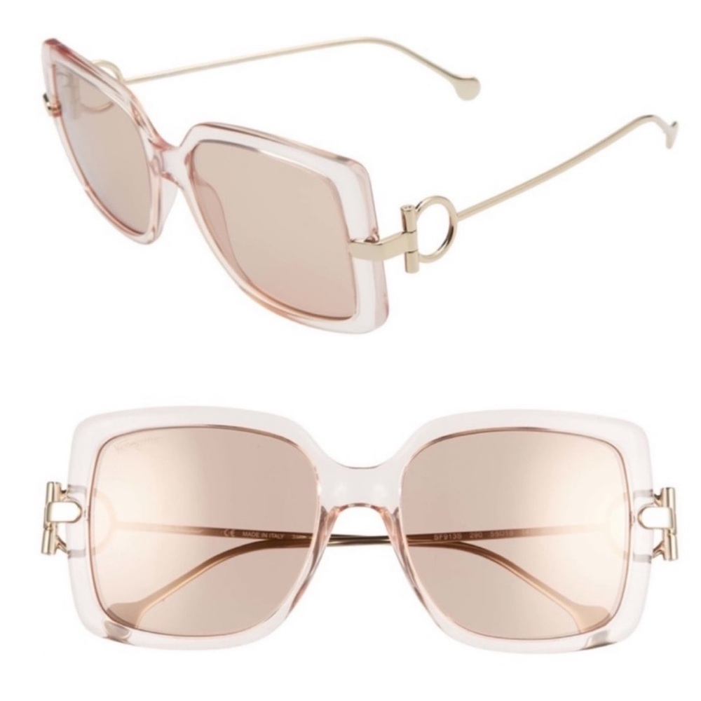 Salvatore Ferragamo Pink Square Oversized Sunglasses with Gold Temples